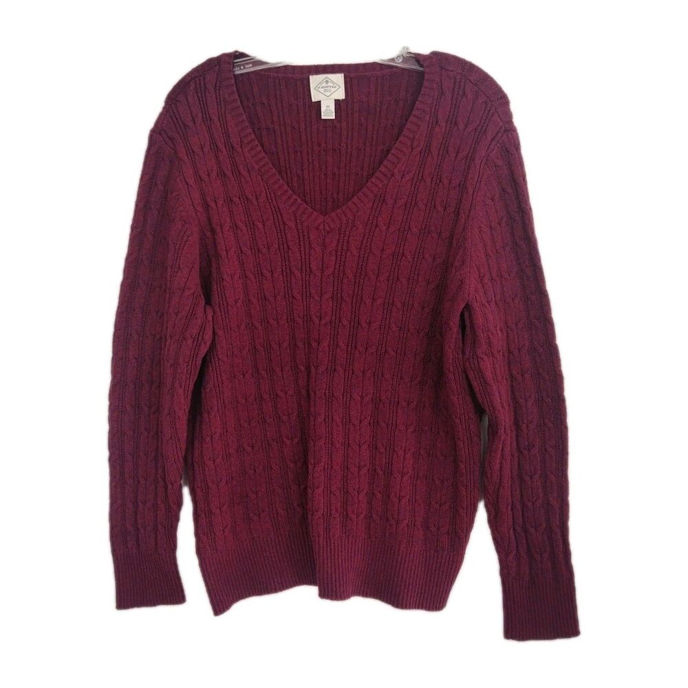 St. John's Bay Sweater Women's 2X Maroon V-Neck Long Sleeve Cable Knit